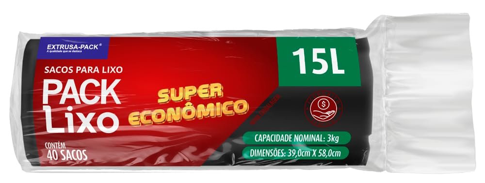 Sacos de Lixo PACK LIXO Super Econômico Preto 15 litros – Uso residencial diário, ideal para lixos leves em pequenas famílias