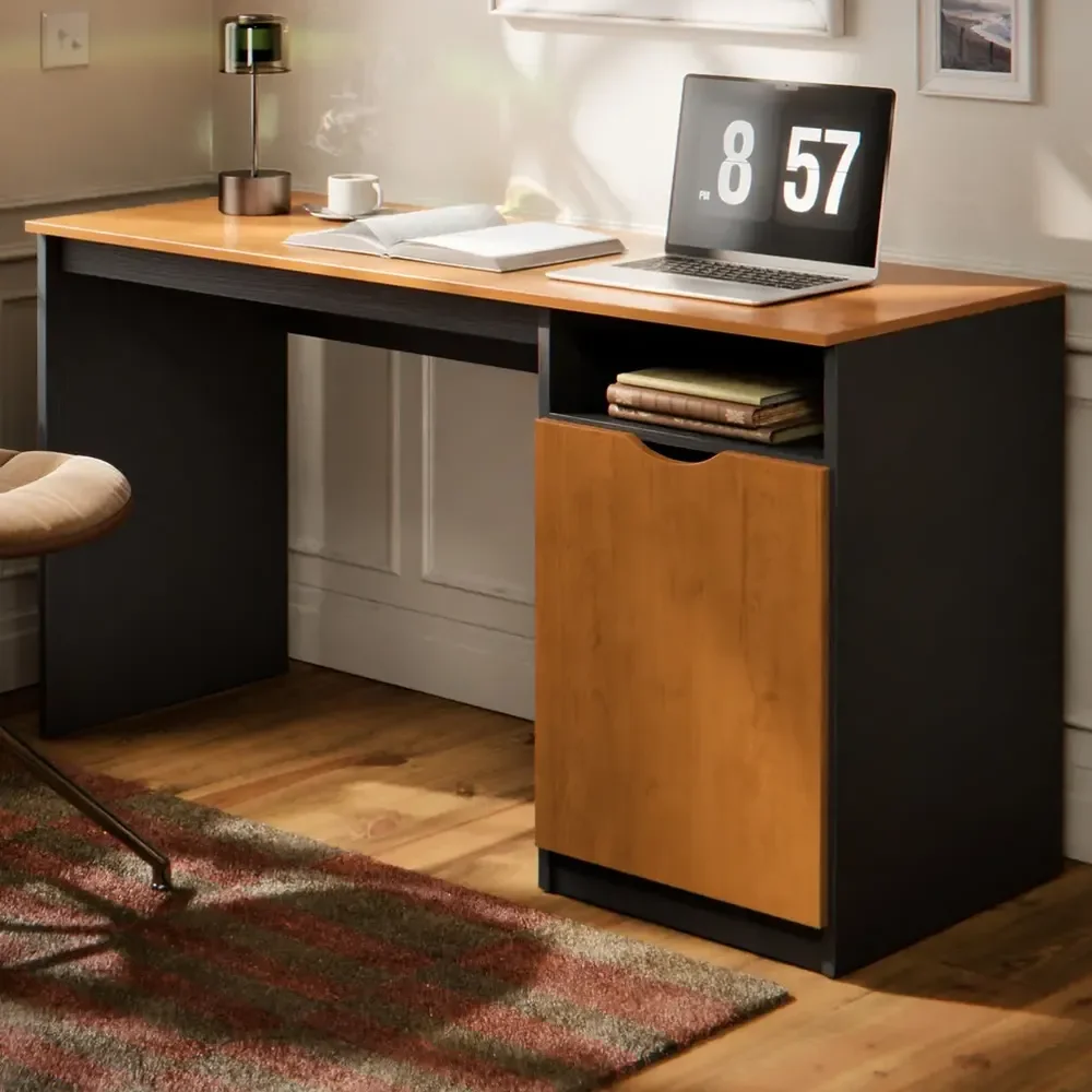 Escrivaninha Maxi Para Computador/notebook Home Office Com Porta E Nicho Mesa De Escritório Compacta Para Estudo Cor Preto Canela Preto/nature