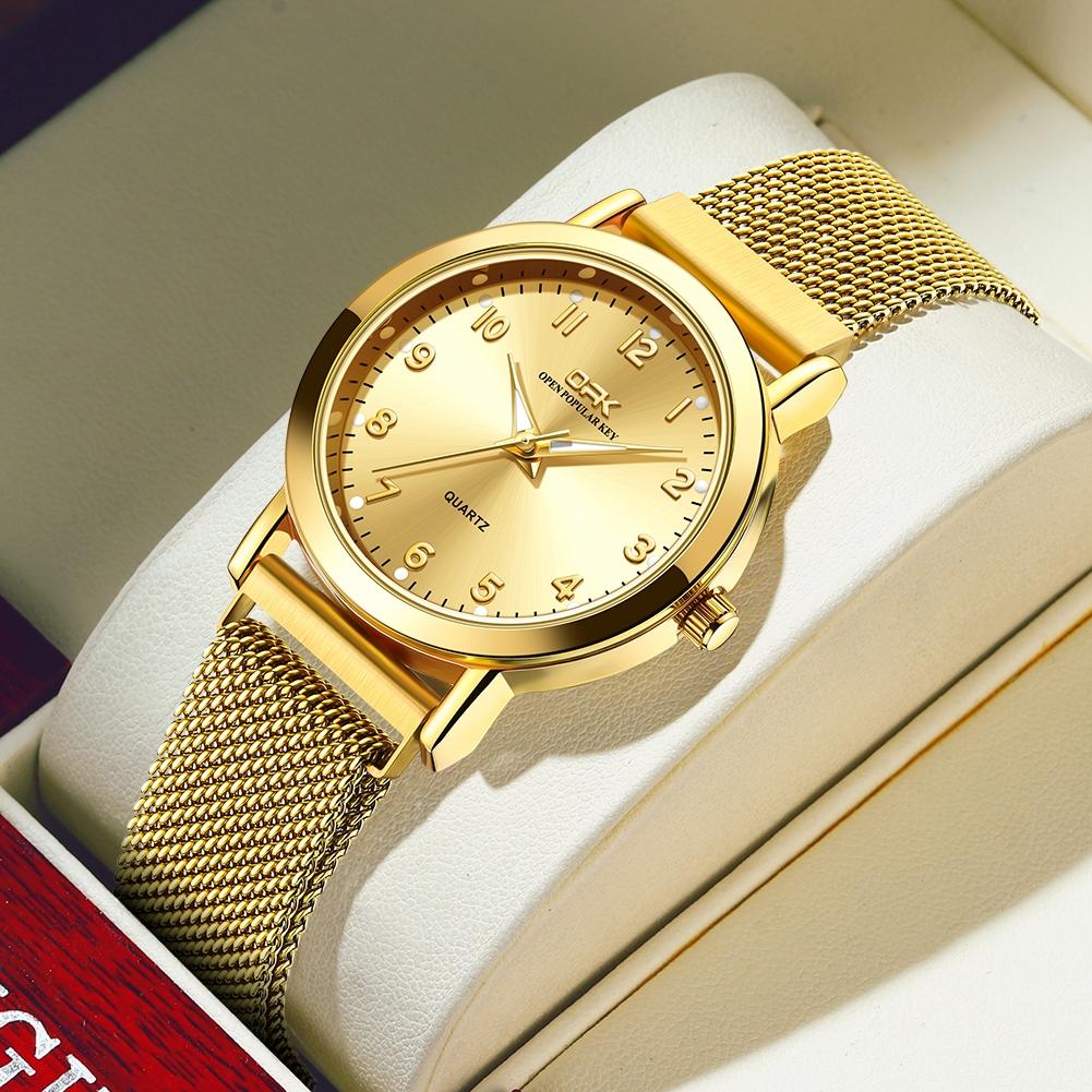 OPK Relógio Feminino Dourado à Prova d'Água Elegante Pulseira Malha Aço Moda Simples Moderno Quartzo 8115