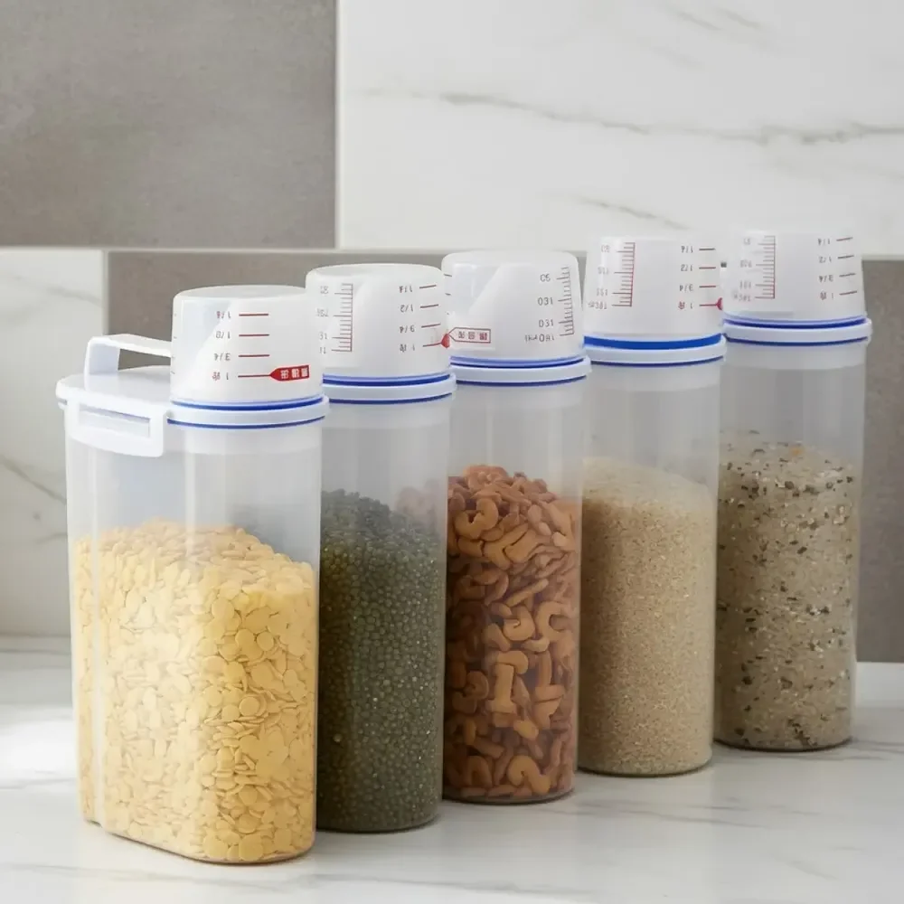 Conjunto 5 Potes Herméticos 2l Multiuso Dispenser De Armazenamento De Grãos Cereais Ração Sabão Com Copo Medidor E Bico Dosador Com Travas