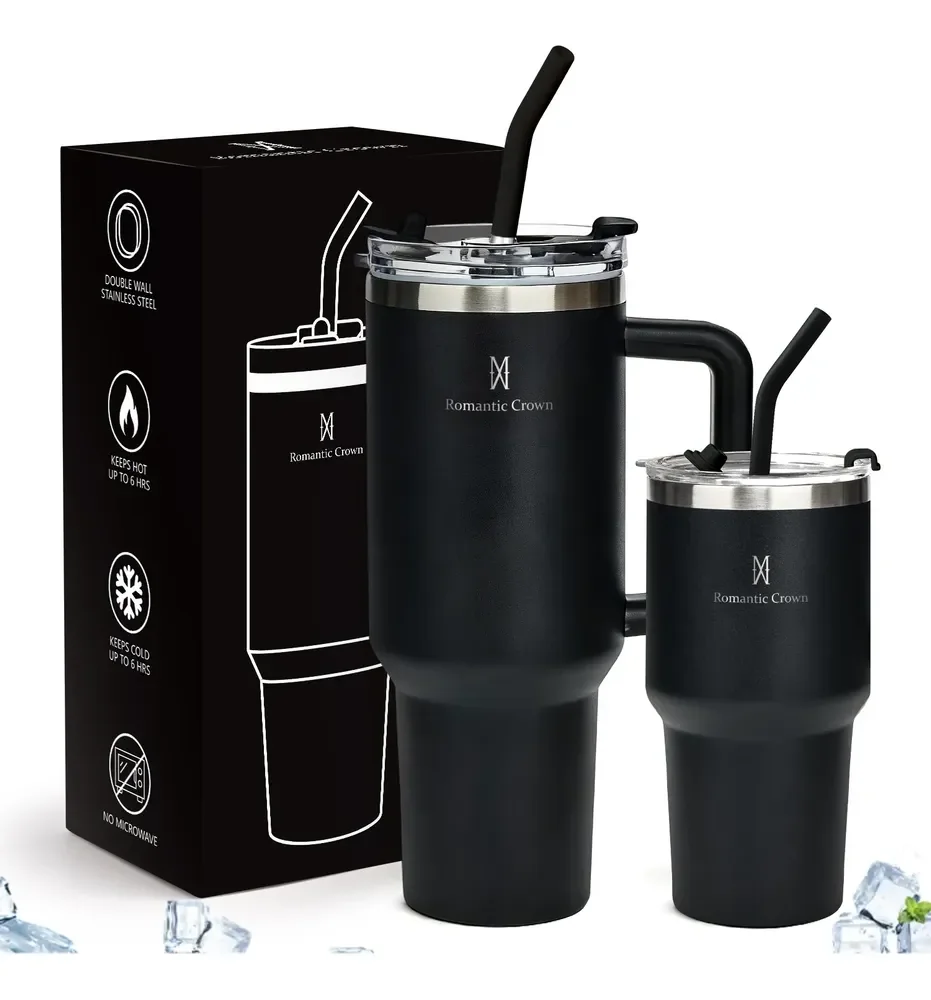 Kit Copo Térmica Inox 1200ml & 600ml Com Tampa E Inox Canudo Preto Cor Pura