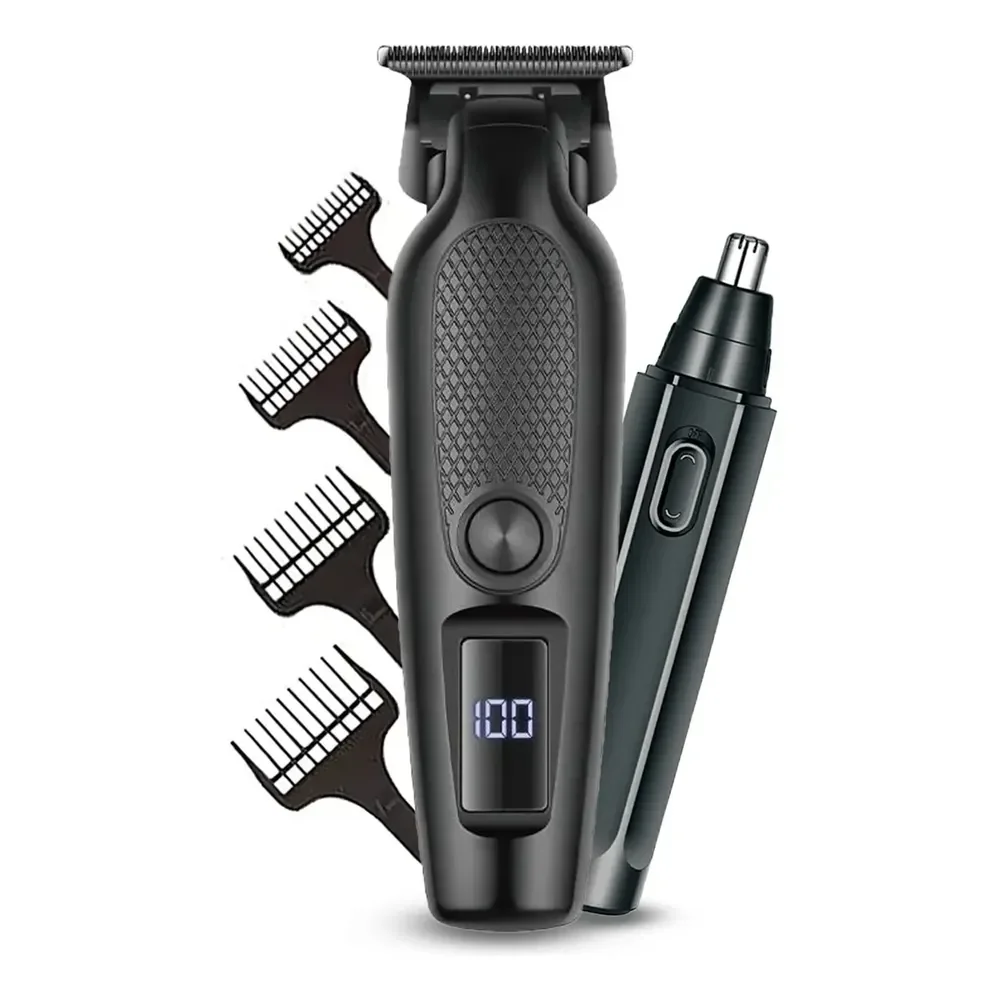 Máquina De Corte Acabamento Com Visor Led Profissional + Brinde Cabelo Pelo Barbear Trimmer Maquininha Detalhes Sem Fio Preto 127/220v