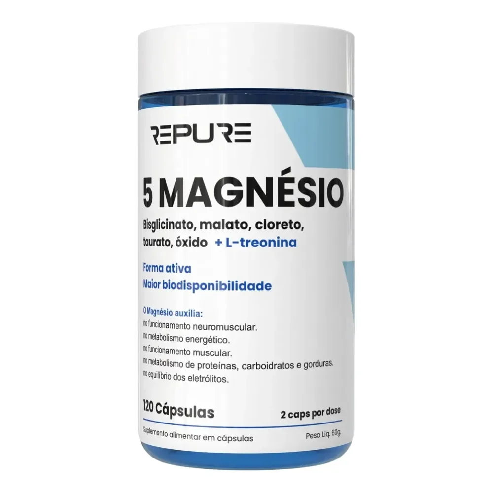 Magnésio Plus Quelato + Dimalato + Treonato + Taurato + Cloreto - Alta Absorção. Formula Avançada Com 5 Fontes - 120 Cápsulas Sem Sabor