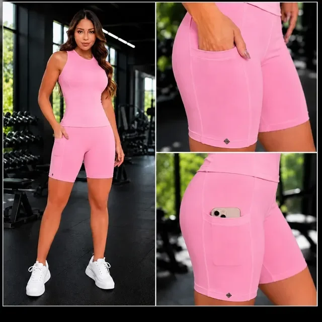 Conjunto Feminino Fitness Blusa Regata Short Bolso Academia