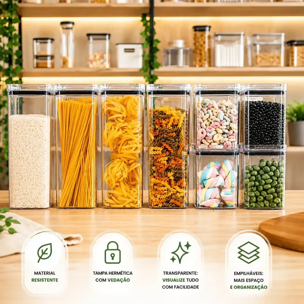 Kit 8 Potes Herméticos Mantimentos Quadrado Cozinha Tampa Vedação Hermética Amobox