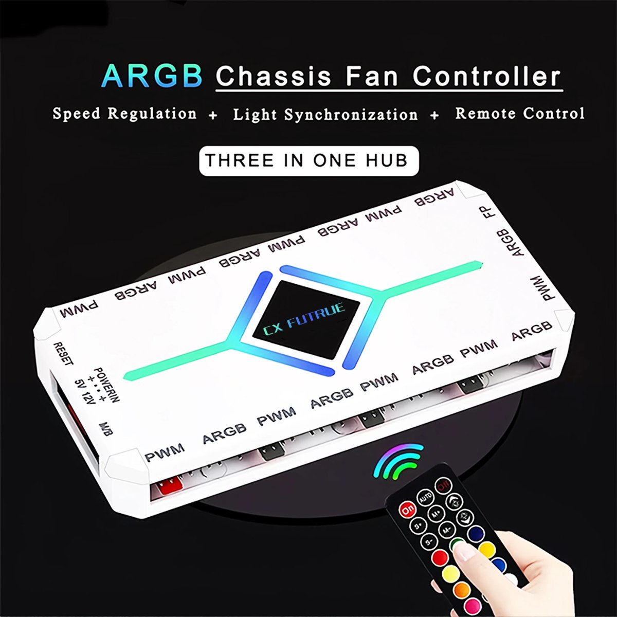 Hub de Ventiladores ARGB 5V 3 Pinos e PWM 12V 4 Pinos com Base Magnética e Controle Remoto para Sincronização de Ventiladores de Refrigeração de Gabinete de PC