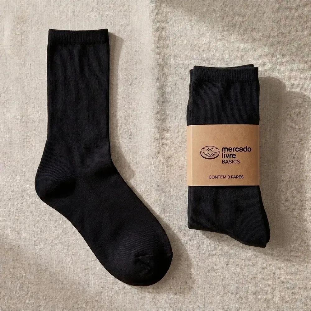 Kit 3 Meias Cano Alto Algodão Adulto Mercado Livre Basics Preto Liso 39-43