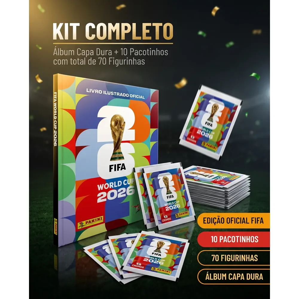 Kit 70 Figurinhas + Álbum Copa Do Mundo Fifa 2026 Panini Capa Dura C/ 10 Envelopes