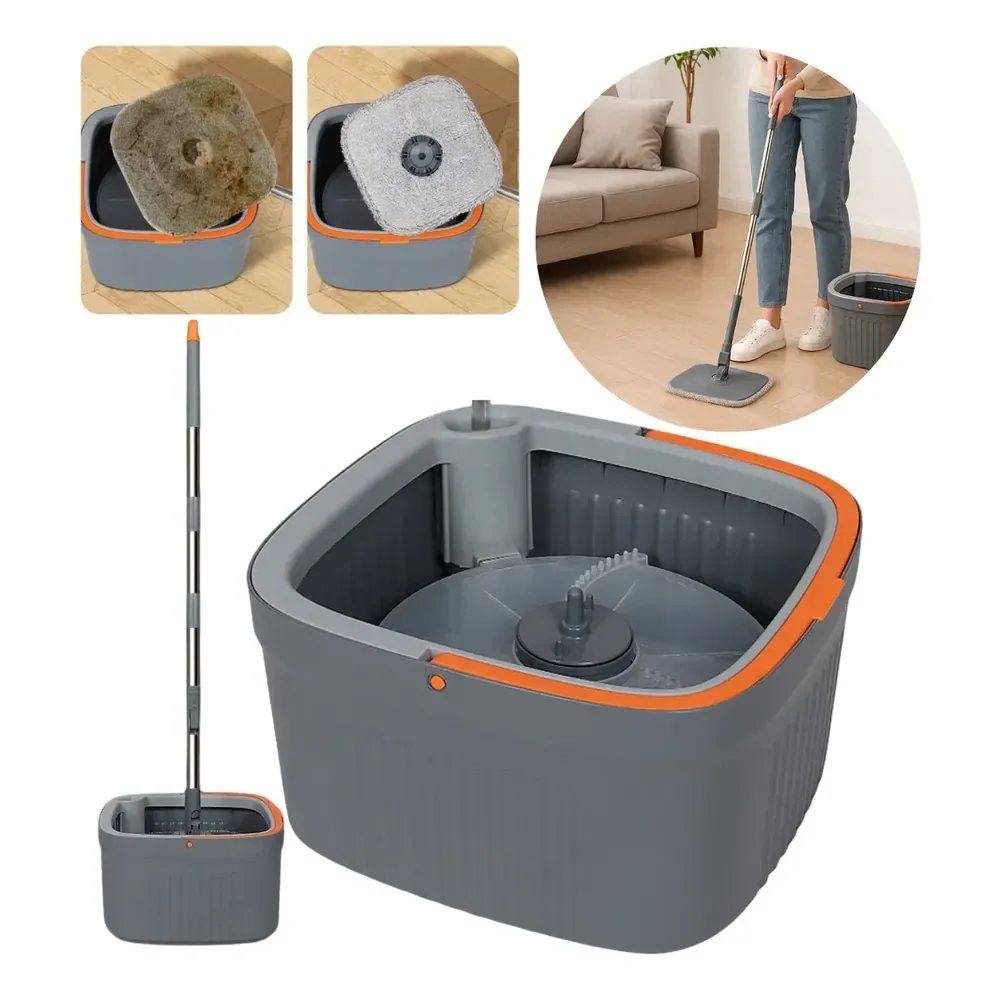 Mop Giratorio Agua Limpa Quadrado Compartimentos Separados Cor Cinza-escuro Import Poemme