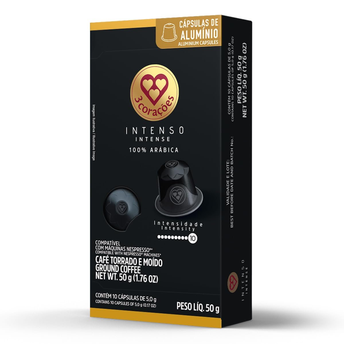 3 Corações Cápsulas de Café Intenso, Compatíveis com Nespresso, contém 10 cápsulas