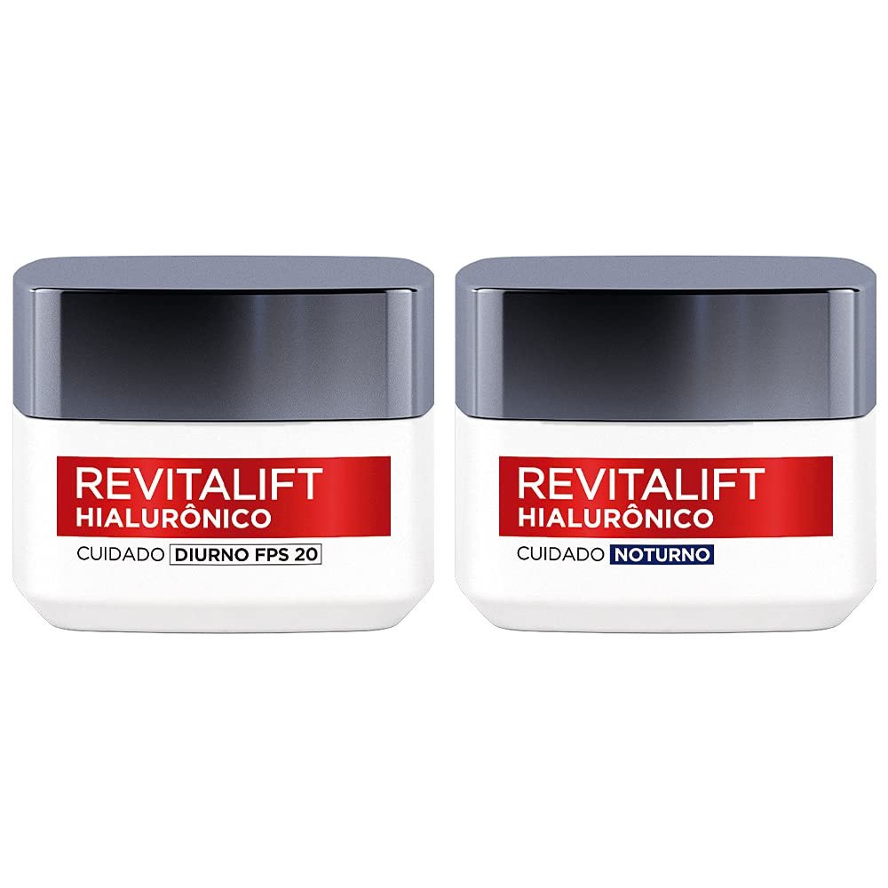Kit Hidratante Facial L'Oréal Paris Revitalift Hialurônico Diurno FPS 20 + Noturno, Tratamento Antirrugas e Preenchedor com Ácido Hialurônico Puro, 49g
