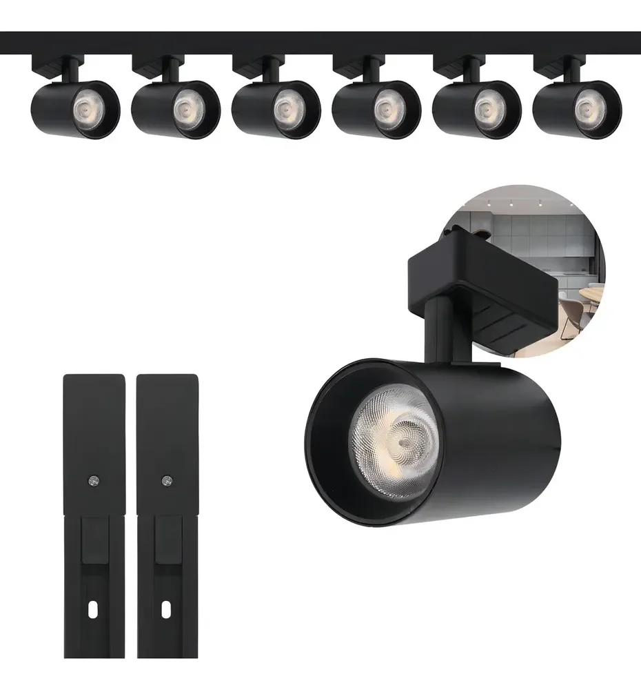 Kit Trilho Eletrificado Preto 2m com 6 Spots LED 10W Luz Fria 6000K