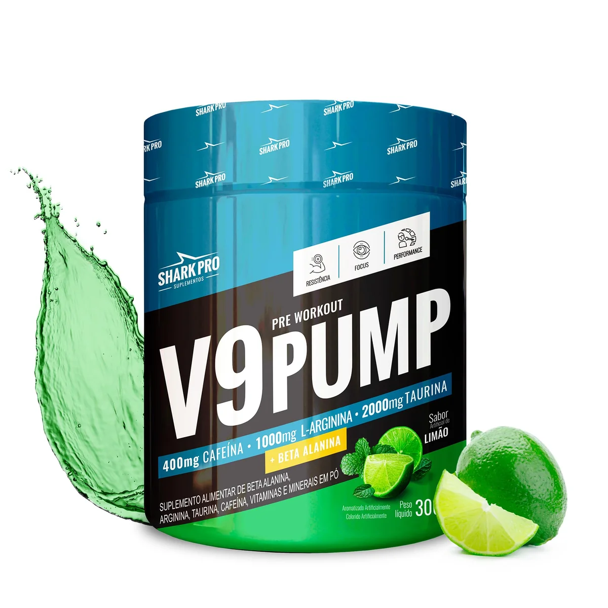 Shark Pro V9 Pump Pré-Treino Sabor Limão - 400mg de Cafeína - Suplemento Alimentar de Beta Alanina, Arginina, Taurina e Cafeína - 300g