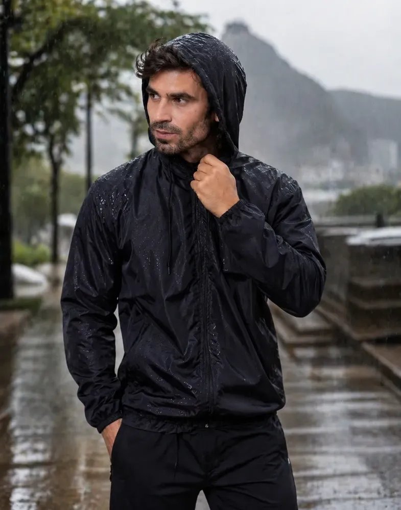 Jaqueta Corta Vento Masculina Impermeável Capuz Zíper Bolso Preto G Liso