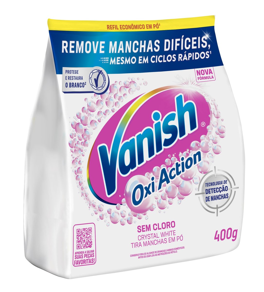 Tira Manchas em Pó Vanish Oxi Action Crystal White Refil 400g para Roupas Brancas, Sem Cloro, com Percarbonato, Remove Manchas Difíceis e Deixa o Branco Até 5 Tons Mais Branco