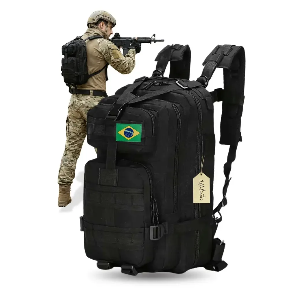 Mochila Militar Bolsa Tática Resistente 30 Litros Super Reforçada Impermeável Bandeira Brasil Brinde Utilizzei Preto Lisa