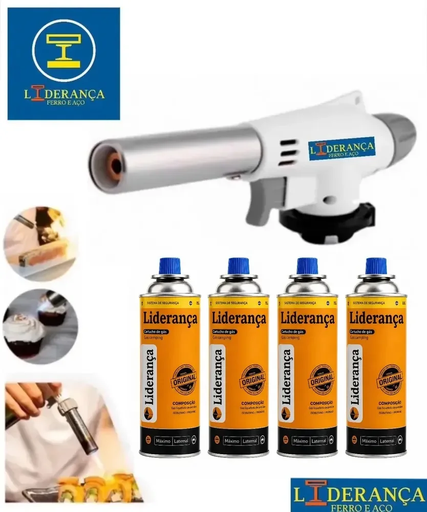 Kit Maçarico Portátil Automático Liderança Ferro E Aço para 1300°C com 4 Refis de Gás Butano