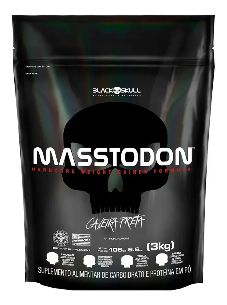 Refil Hipercalórico Masstodon Gainer 3kg Black Skull Sabor Morango