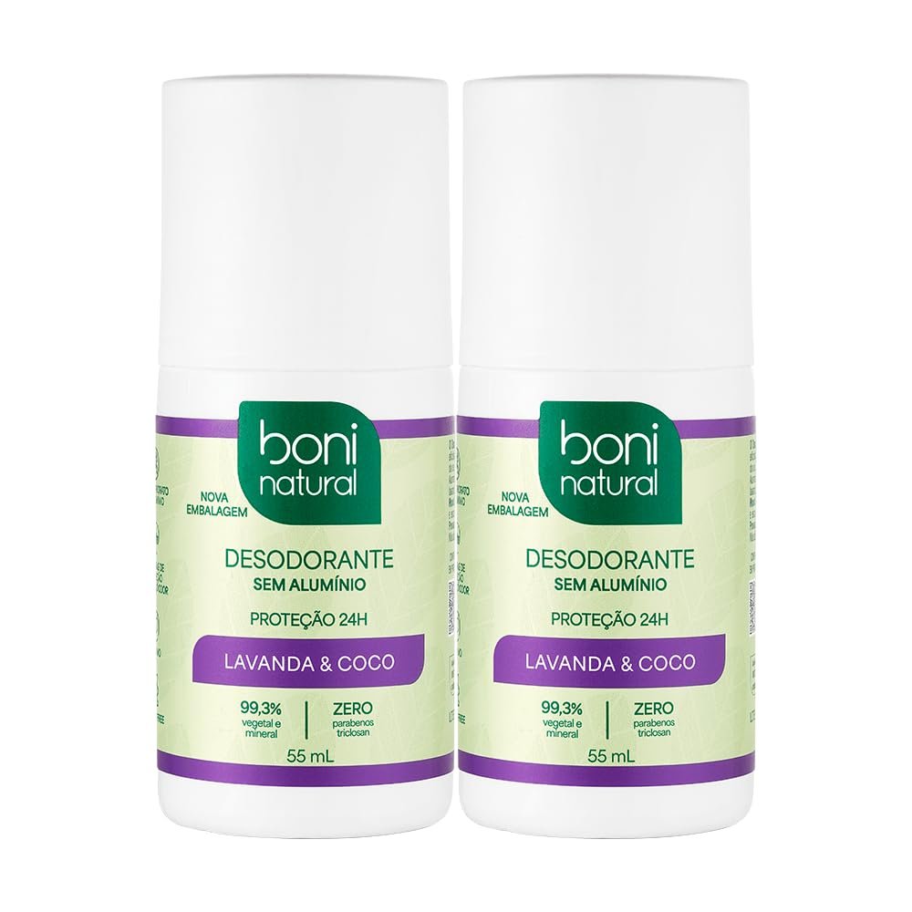 BONI NATURAL - Desodorante Roll-On sem Alumínio, Natural, Vegetal e Vegano, Coco e Lavanda, 55ml, 2 unidades Leve Mais Pague Menos