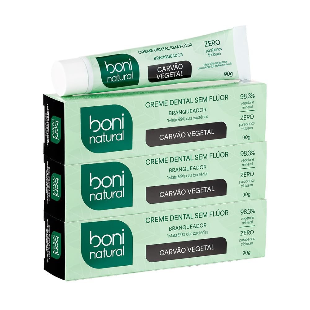 BONI NATURAL - Creme Dental Carvão Ativado Branqueador Com Carvão Vegetal, Sem Flúor, Sem Triclosan, 90g, 3 unidades Leve Mais Pague Menos