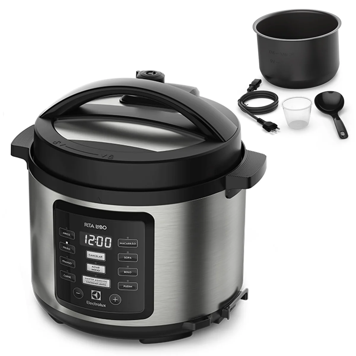 Panela pressão elétrica Electrolux digital capacidade 5L silenciosa segura 10 travas segurança 9 receitas pré-programadas PCC15 inox preto 127v por Rita Lobo