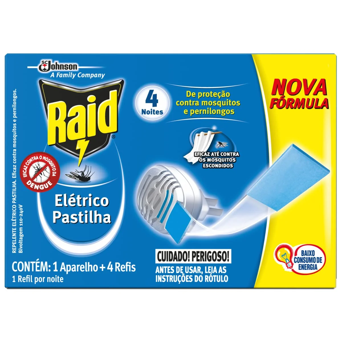 Raid Repelente Elétrico Pastilha até 4 Noites, Aparelho e 4 Refis