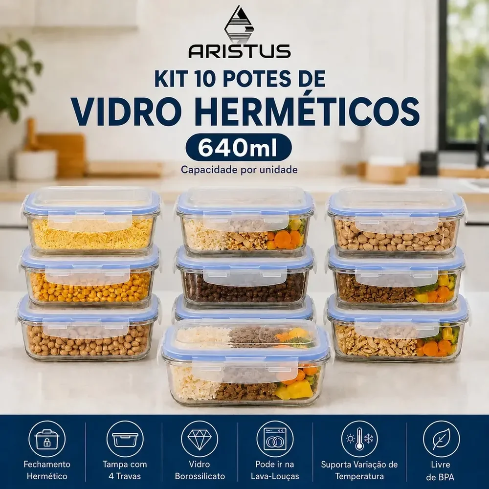 Kit 10 Potes Vidro Hermético Aristus 640ml Marmita Anti Vazamento Forno Micro-ondas Freezer Tampa 4 Travas - Azul