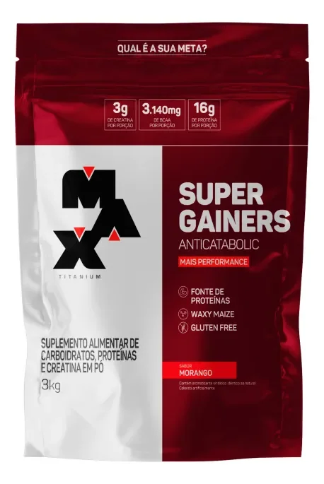 Hipercalórico 3kg Super Gainers Max Titanium Morango Alto Valor Calórico