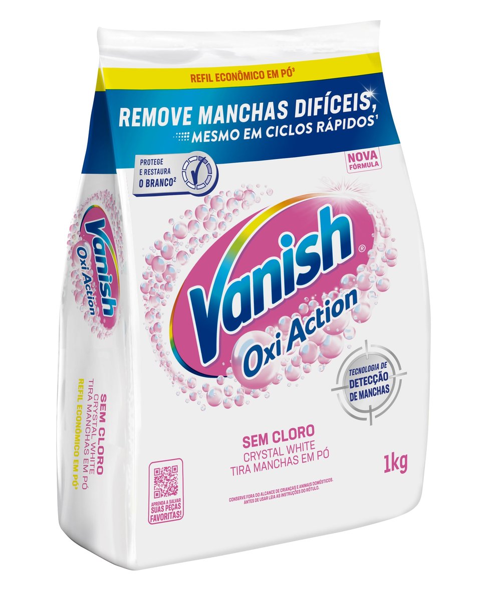 Tira Manchas em Pó Vanish Oxi Action Crystal White Refil 1kg para Roupas Brancas, Sem Cloro, com Percarbonato, Remove Manchas Difíceis e Deixa o Branco Até 5 Tons Mais Branco