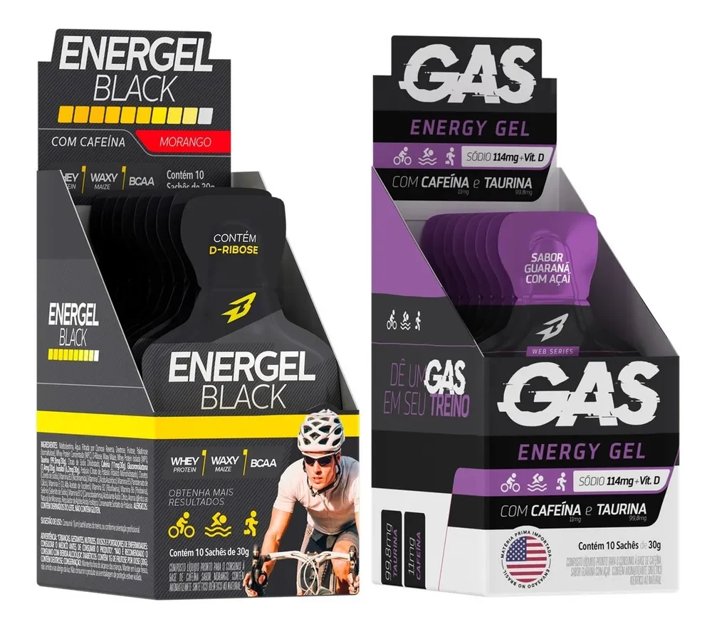 Gas Energy Gel 10 Sachê + Energel Black 10 Sachê Bodyaction Sabor Morango/Guarana com Açai