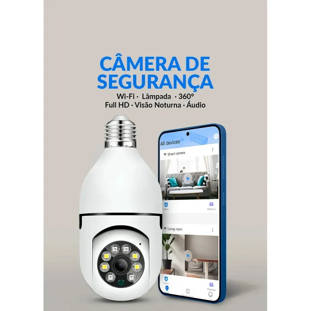 Câmera De Segurança Lâmpada Wi-fi Ip 360 Graus Full Hd 1080p E27 Monitoramento Residencial Interno Pelo Celular... Branco