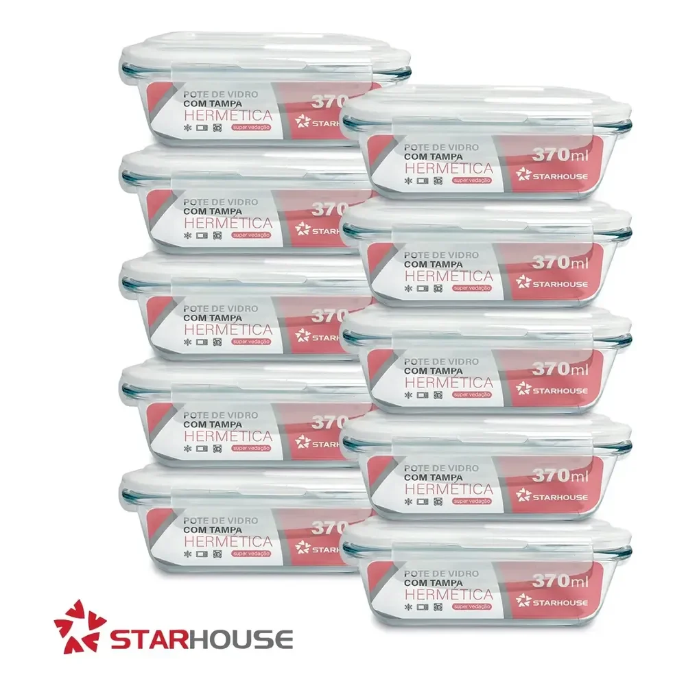 Kit 10 Potes Vidro 370ml Hermético Marmita Forno Refratário Star House Transparente