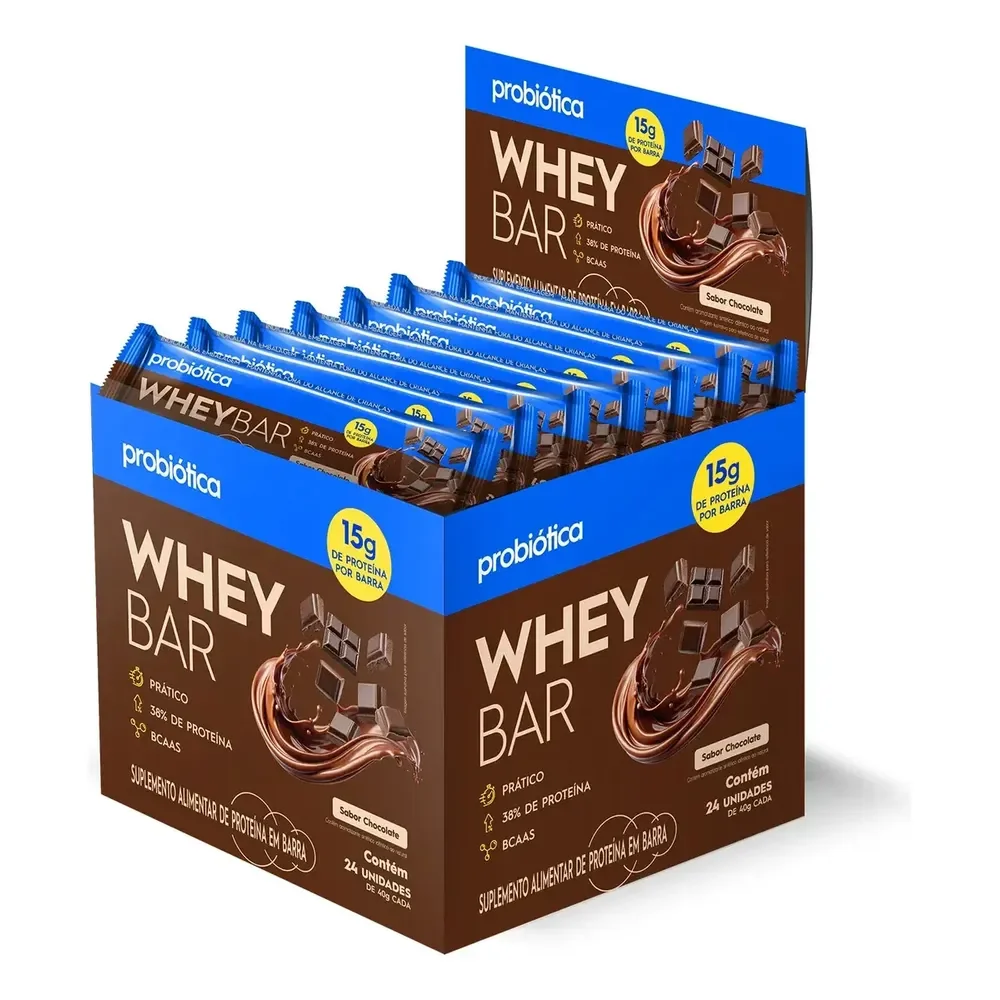 Barra De Proteína 24 Unidades Whey Bar Probiótica Chocolate Alto Proteico
