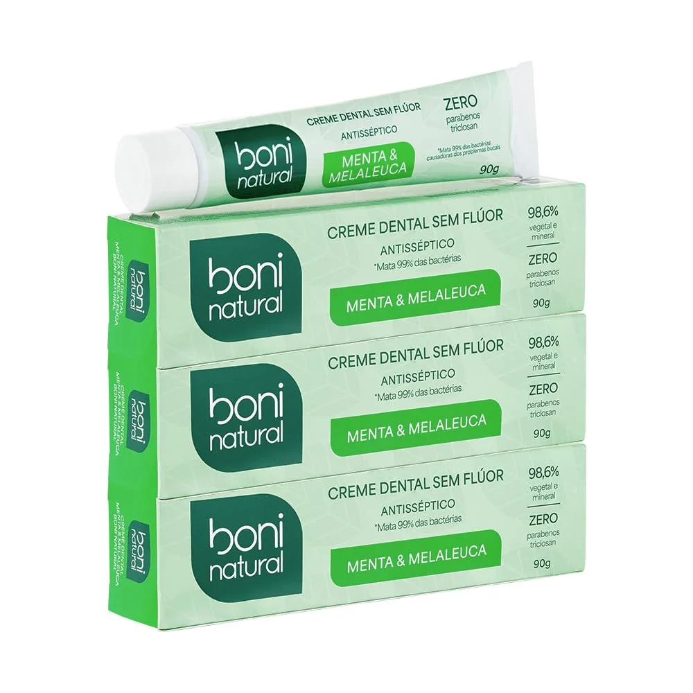 BONI NATURAL - Creme Dental com óleos naturais de Menta e Melaleuca Vegano e Natural, Sem Flúor, Sem Triclosan, 90g, 3 unidades Leve Mais Pague Menos
