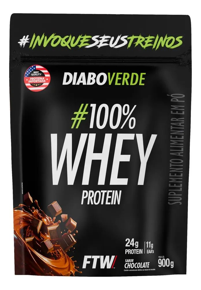 Suplemento Em Pó 100% Whey Protein Diabo Verde Sabor Chocolate Refil 900g FTW