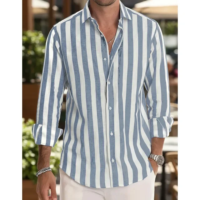 Camisa Masculina De Manga Comprida Com Botões E Listrada