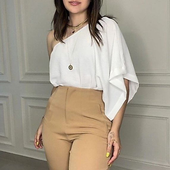 Body Alfaiataria Um Ombro Só  Elegância Manga Ampla Flare Tendência Chic Mula Manca