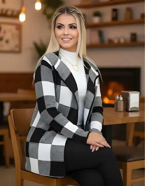 Cardigan Xadrez Tricô Kimono Inverno