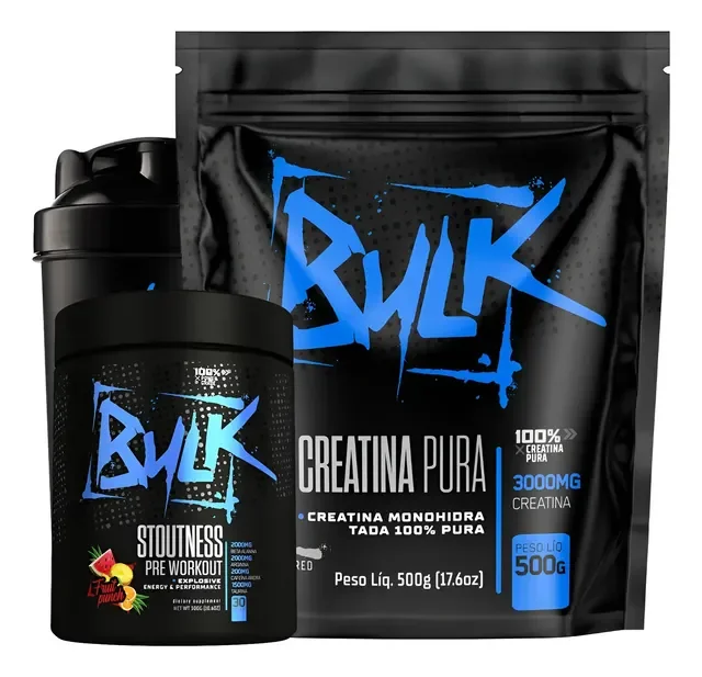 Creatina Pura 500g + Pré Treino 300g + Shaker 600ml