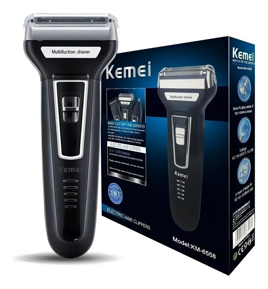 Aparador Barbeador Kemei KM-6558 Recarregável 3 Em 1 Cabeças Removíveis Bivolt