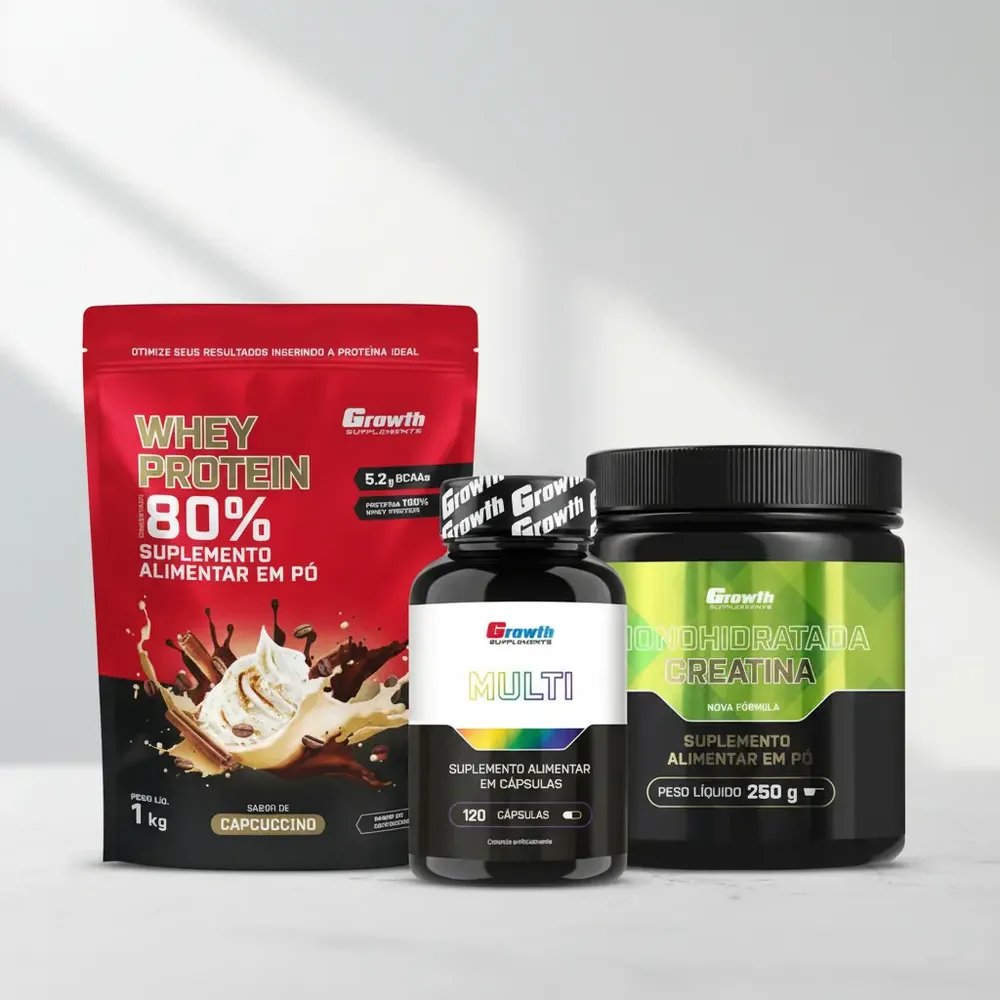 Kit Growth: Whey Protein Capuccino 1kg + Multivitamínico 120 Cáps + Creatina Sem Sabor 250g