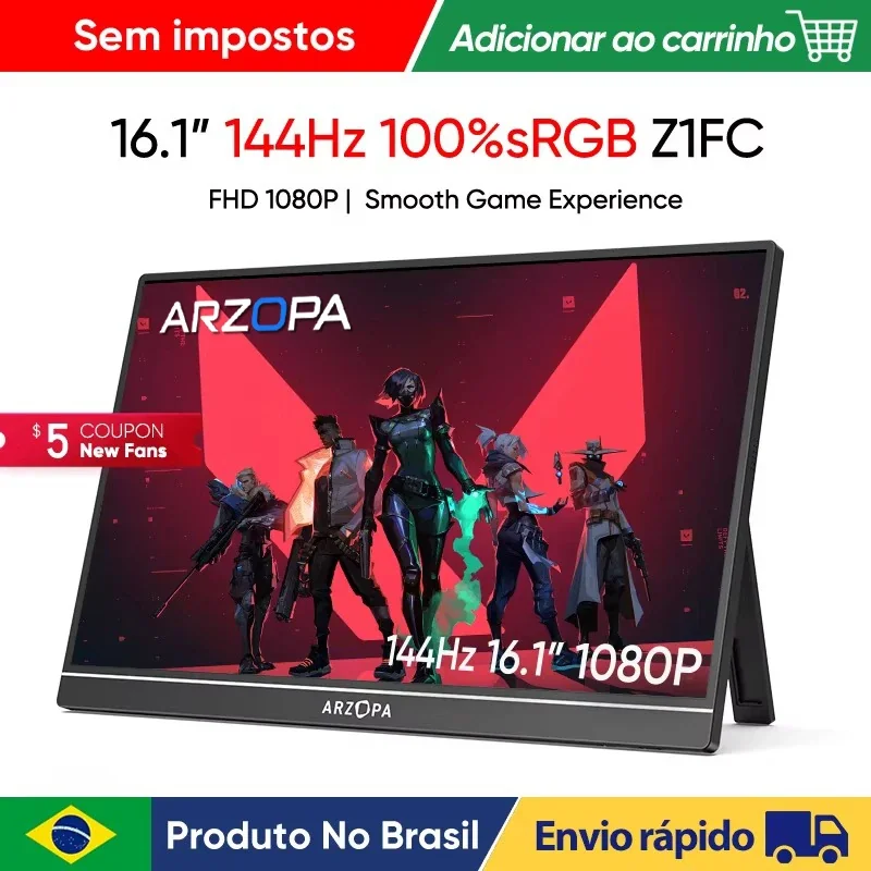 Monitor Gamer Portátil ARZOPA 16.1 polegadas 100% sRGB 144Hz com Display para Laptop, Type C e Mini HDMI para PS4/5, Steam Deck, Switch, PC e Mac