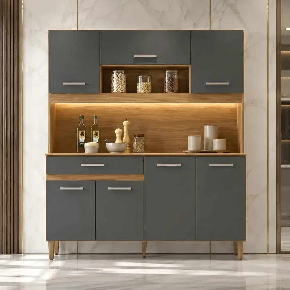 Kit Armário Gabinete Cozinha 7 Portas E 1 Gaveta Organizador Magazine Design Moderno Organizador Cor Freijó Chumbo