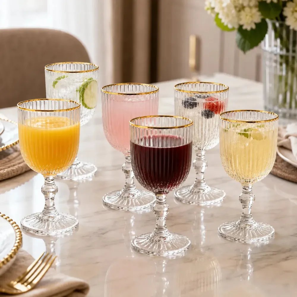 Jogo 6 Taças de Vidro Canelado com Borda Dourada Grafiatto 340ml Transparente para Drinks e Sucos Luxo Mesa Posta Viacruz