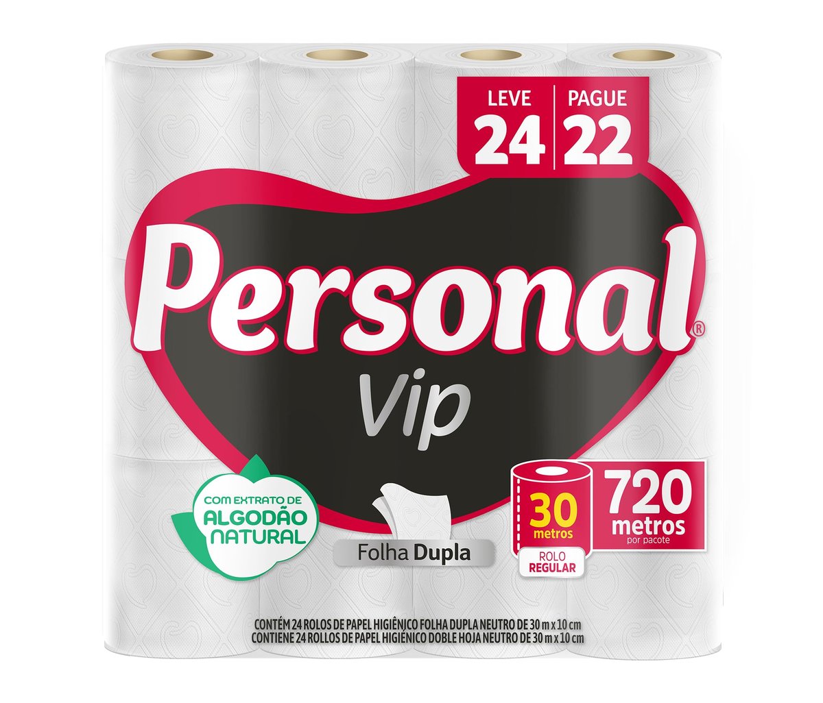 Personal VIP - Papel Higiênico Folha Dupla, Branco 24 unidades (Embalagem pode variar)