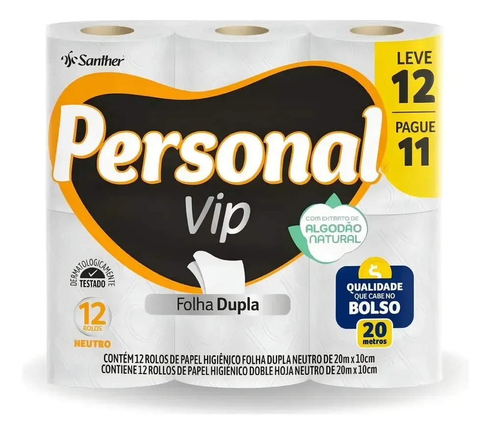 Papel Higiênico Personal Vip Folha Dupla Neutro Kit Com 12 Unidades Super Macio