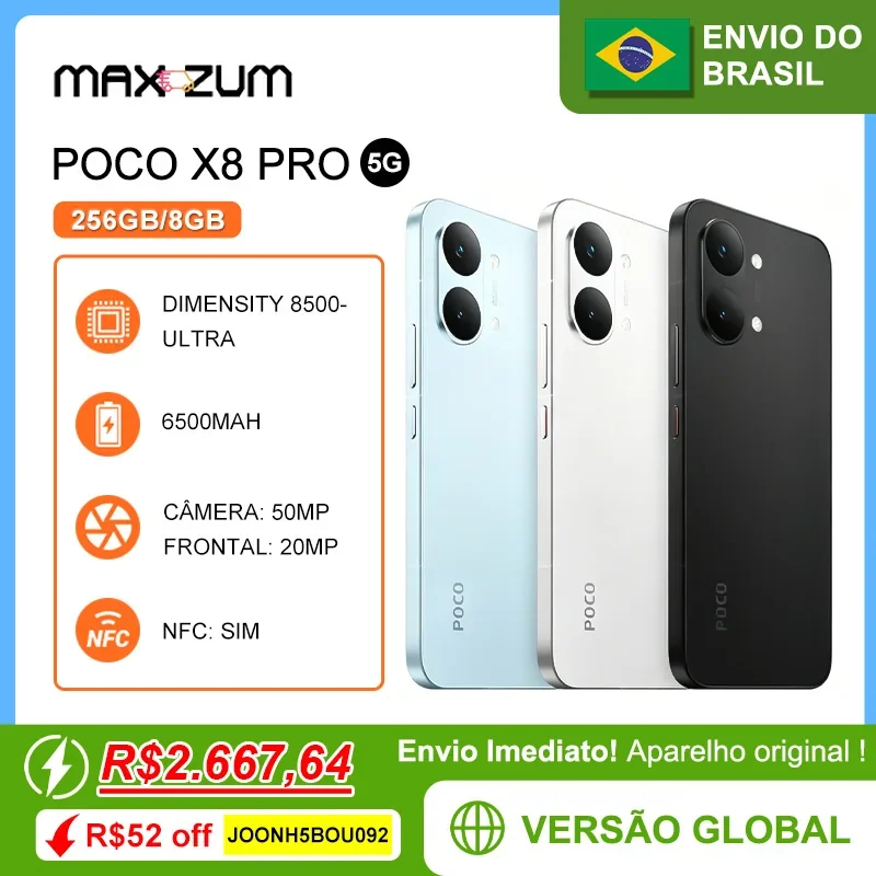 Poco X8 PRO 5G, 256/8GB, Smartphones e Celulares MediaTek Dimensity 8500-Ultra, Bateria 6500mAh, Versão Global, Câmera 50MP
