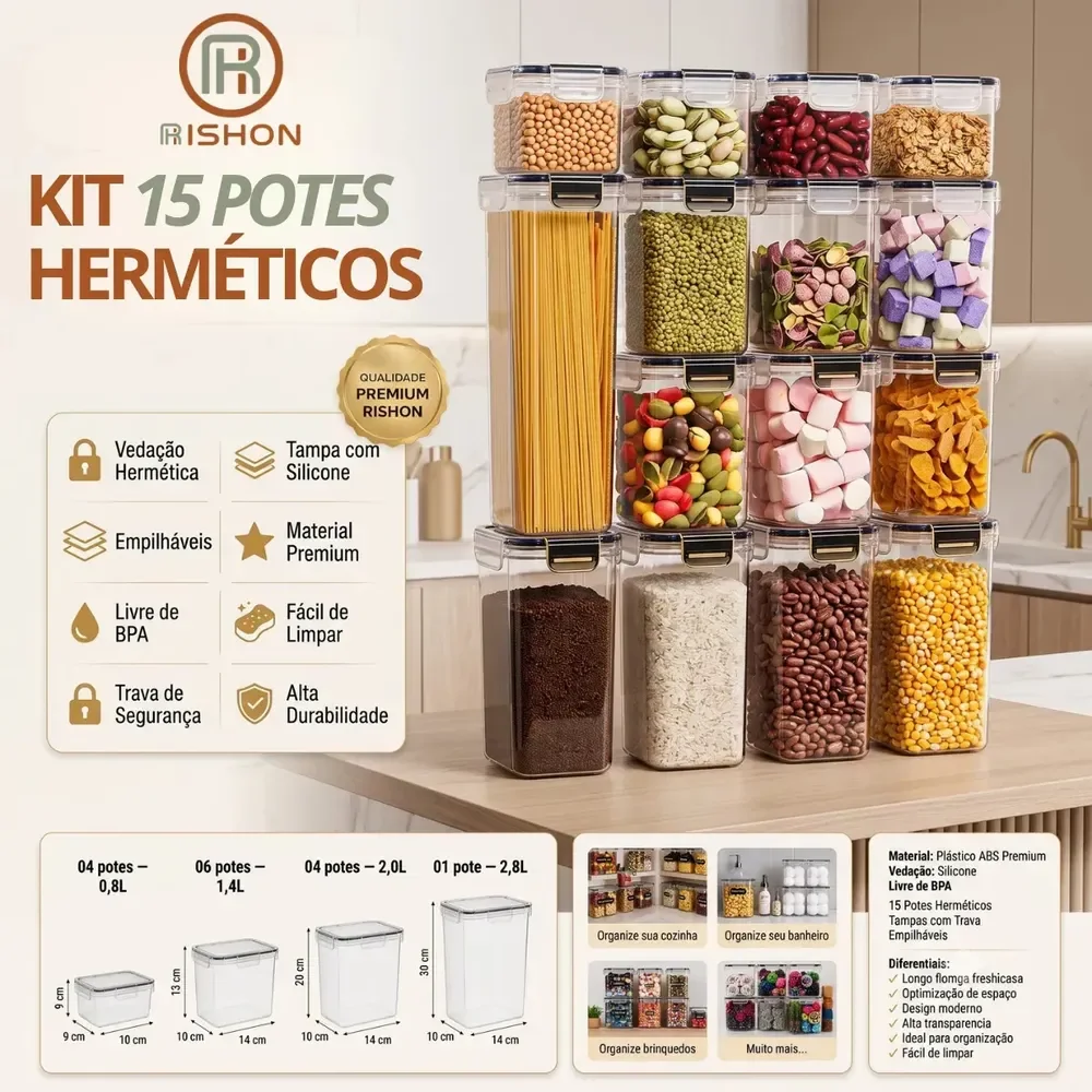 Kit 15 Potes Hermético Cadencia Mantimentos Quadrado Cozinha Branco Rishon 22,4 Litros