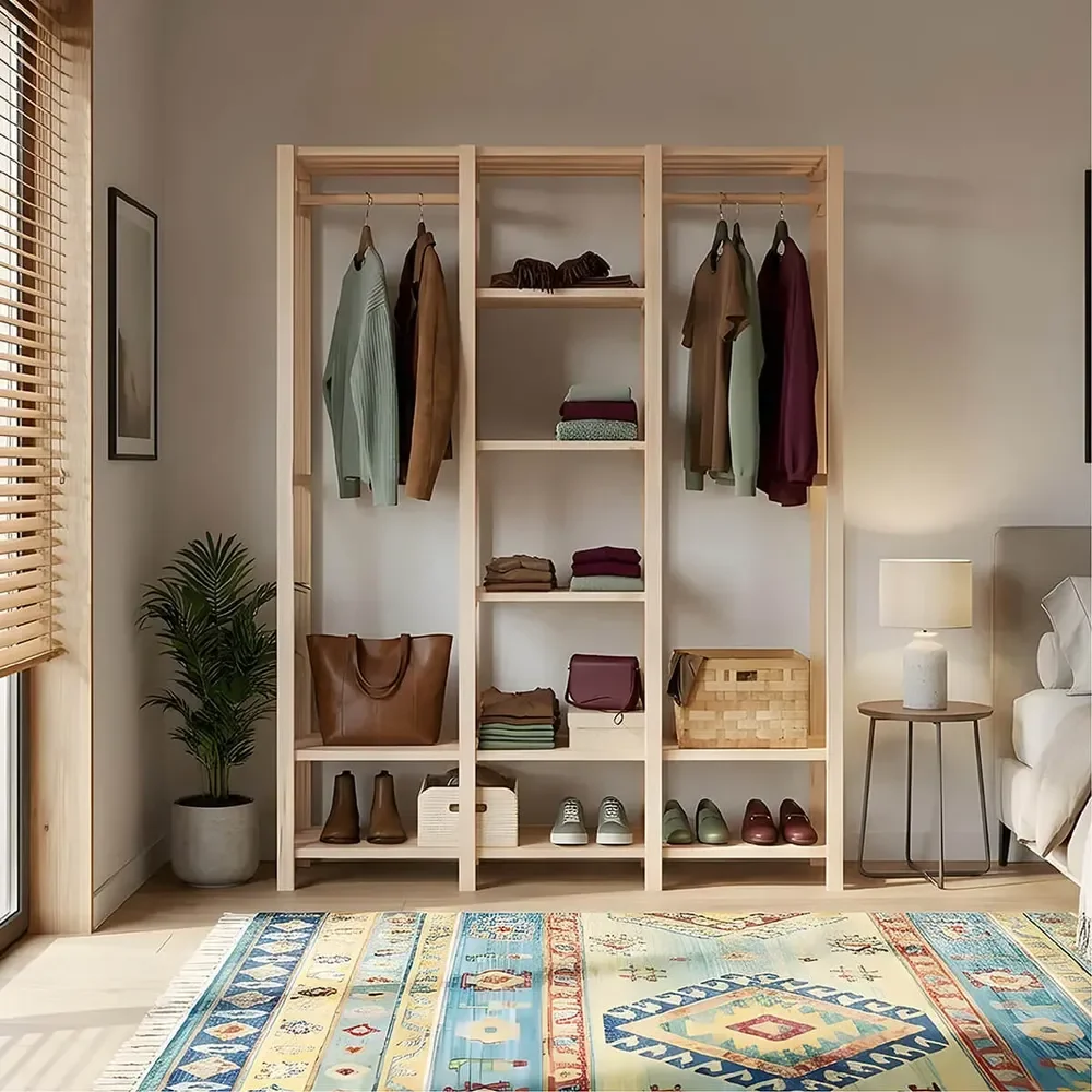Closet Aberto Guarda Roupas Arara Cabideiro Com Prateleiras Natural