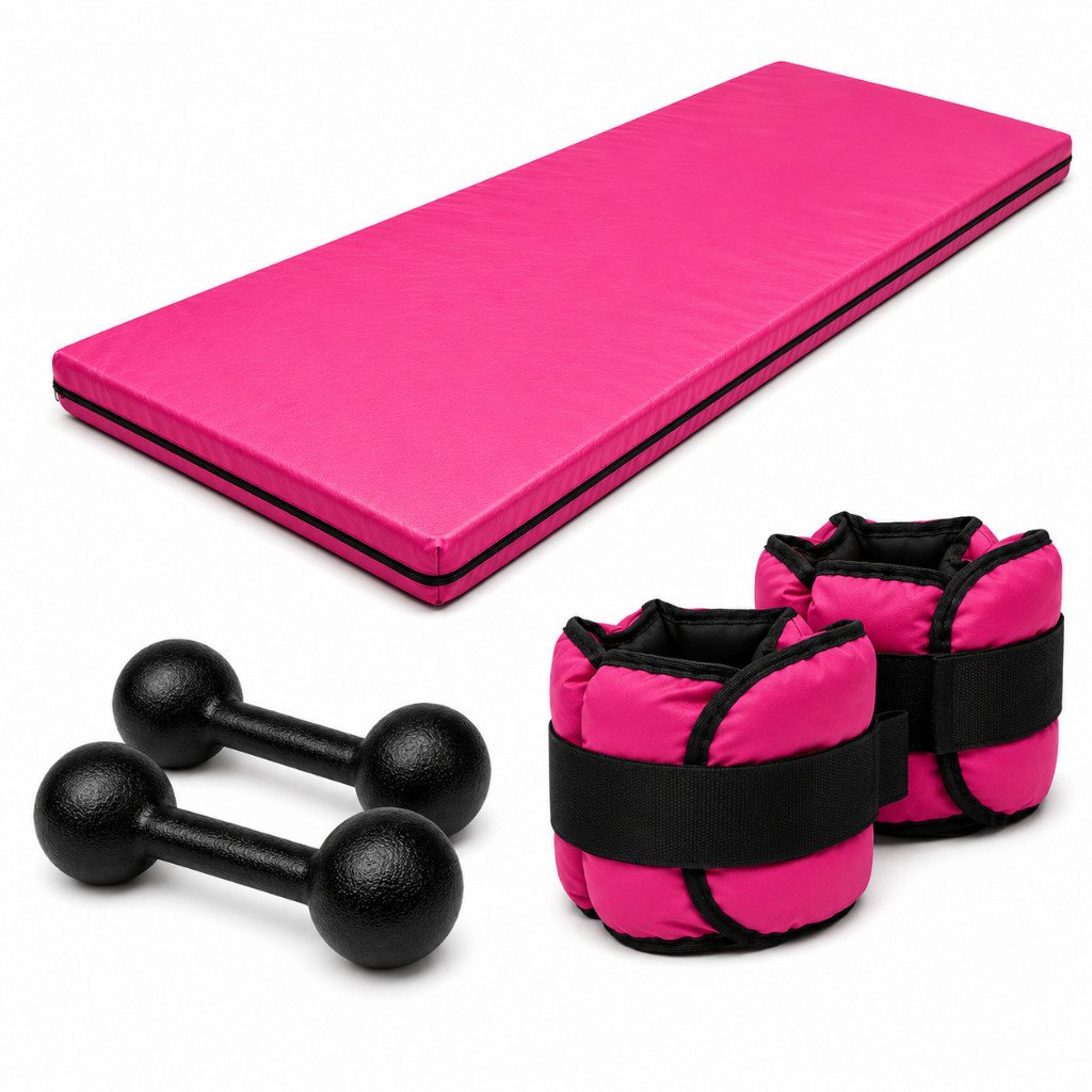 KIT FITNESS COMPLETO COLCHONETE ROSA + PAR 1KG HALTER BOLA + PAR 1KG CANELEIRA ROSA | TREINO EM CASA OU ACADEMIA TL